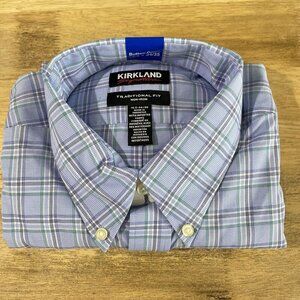 NEW Kirkland Signature Mens 16.5 Traditional Fit Button-Down 34/35 Blue/Green